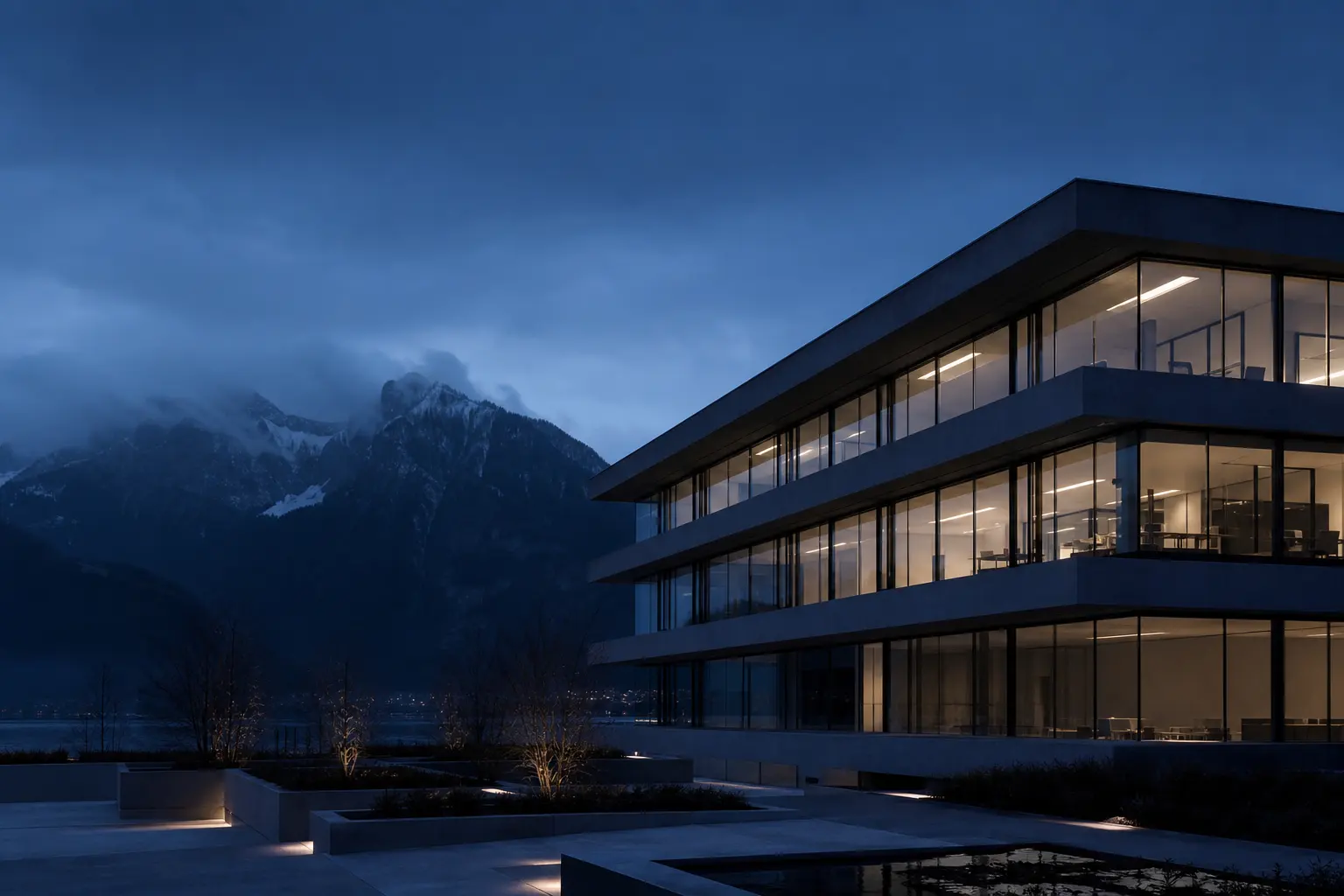 Immeuble moderne suisse au crépuscule